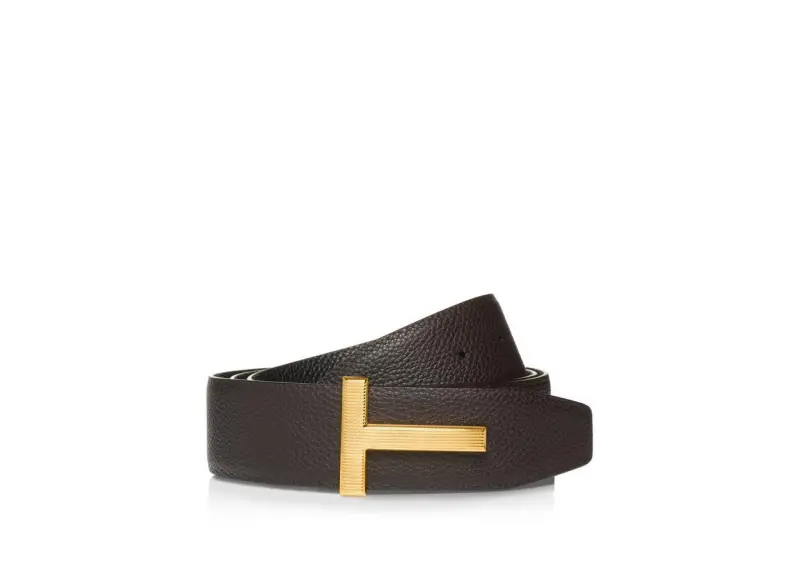 GRAIN LEATHER RIDGE BUCKLE T BELT BROWN + BLACK online
