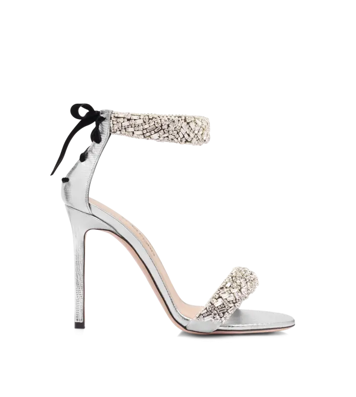 CRYSTAL-EMBELLISHED LAMINATED PRINTED LIZARD EDIE SANDAL SILVER + CRYSTAL online