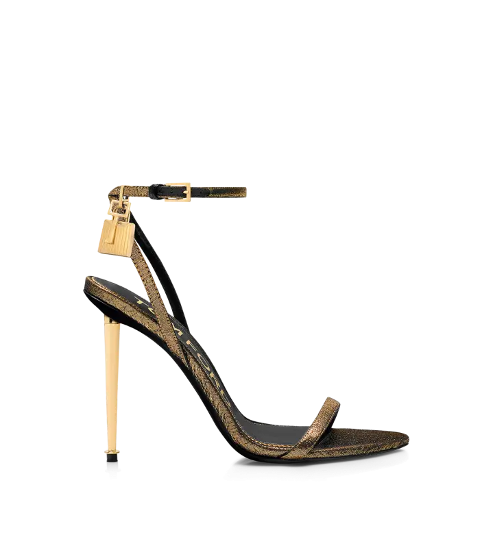 HAMMERED-EFFECT FABRIC PADLOCK POINTY NAKED SANDAL DARK GOLD online