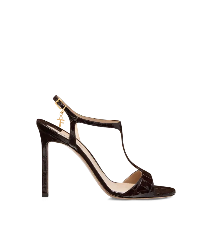 GLOSSY STAMPED CROCODILE LEATHER ANGELINA SANDAL ESPRESSO online
