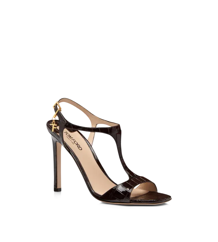 GLOSSY STAMPED CROCODILE LEATHER ANGELINA SANDAL ESPRESSO online