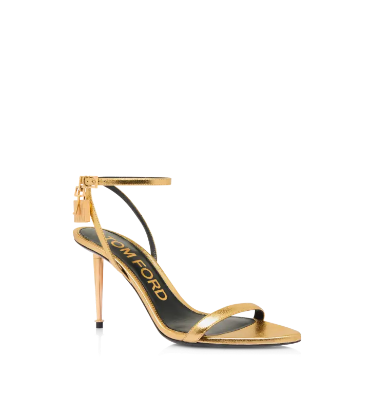 LAMINATED NAPPA LEATHER PADLOCK POINTY NAKED SANDAL 85MM GOLD online