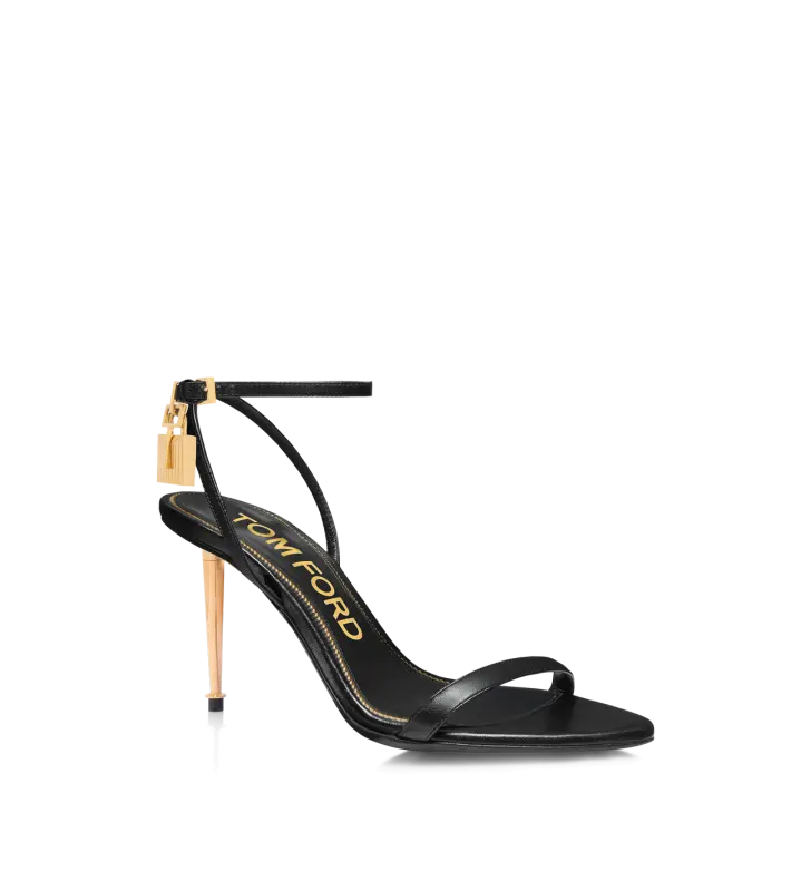 SHINY LEATHER PADLOCK POINTY NAKED SANDAL 85MM BLACK online